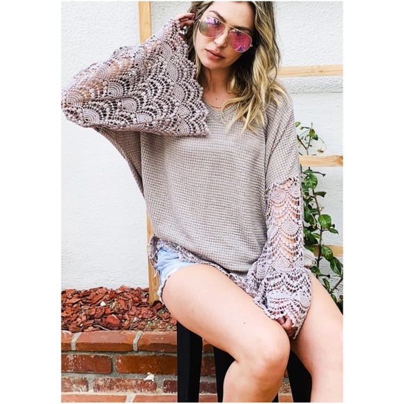 034 Boho Lace Bell Sleeve Waffle Knit Tunic Top - Picture 6 of 13